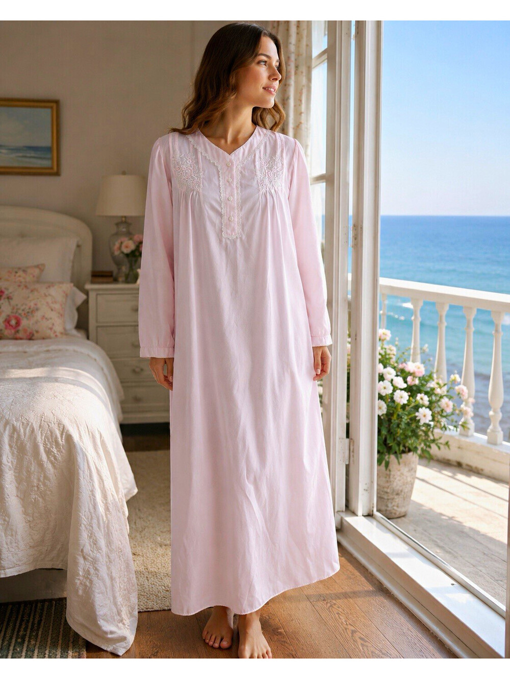 Miss Elaine Pink Satin Embroidered Lace Button Long Sleeve Nightgown, Women's L